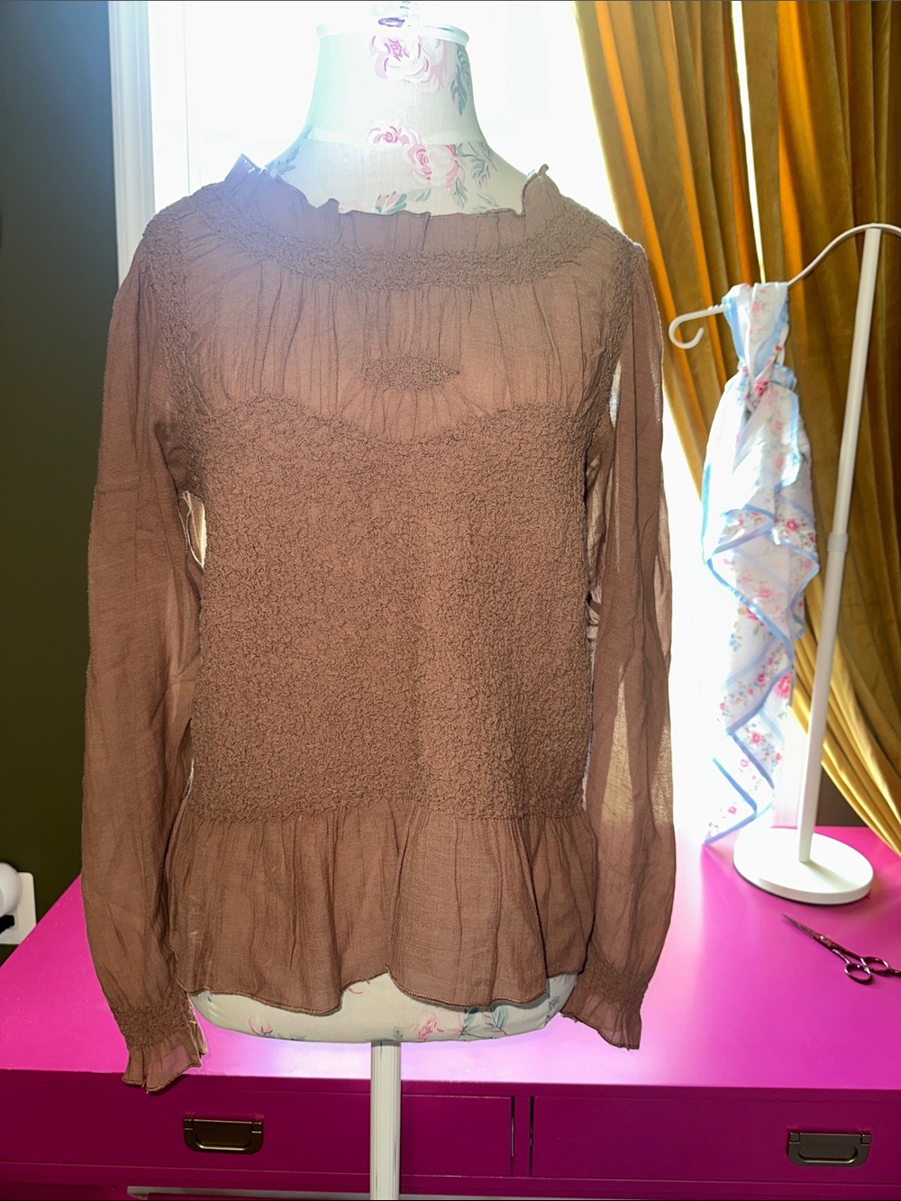 Anthropologie Mauve-Brown Smocked Sheer Peplum Blouse